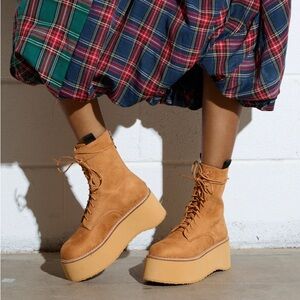 Chestnut Vegan Suede Flatform Lace Up Boots